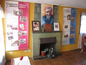 fireplace with exhibit panels