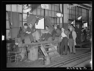 Strikers guarding window entrance to Fisher body plant number three. Flint, Michigan, 1937.(http://www.loc.gov/pictures/resource/fsa.8c28670/)