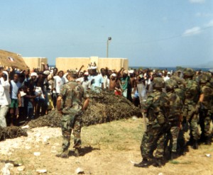 Haitians protesting their confinement in GTMO's refugee camps, 1992, courtesy of Merrill Smith