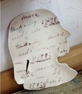 Porcelain plate with imprint of Fanny Pierce Iddings’ marriage certificate by Rikki Condon, 2014. (photo credit Rikki Condon)
