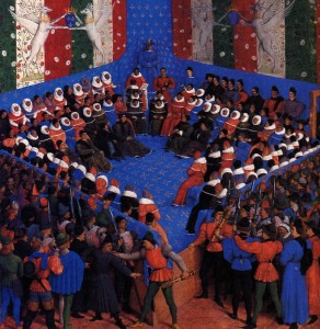 Illumination by Jean Fouquet for the work of Boccaccio, The case of the noble men and women representing a bed of justice at the Parliament of Paris, held by Charles VII of France, 1450. Image credit: Wikimedia Commons.