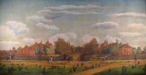 This 1820 watercolor shows an early view of the campus.  Image:  South Caroliniana Library