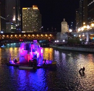 One of the floating Victorian houses awaiting a burning that never quite arrived during the Great Chicago Fire Festival on October 4. Photo credit: Richard Anderson 