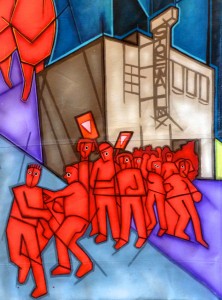 The Stonewall Rebellion is one event depicted in the central section of the mural, "The March of the People." Image courtesy of Mike Alewitz.