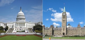 United States Capitol Building, Washington, D.C. and Parliament, Centre Block, Ottawa, Wikicommons.