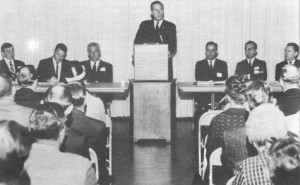 Robert M. Utley (third from right) as a panelist at the Denver "New Preservation" conference, 1968.  The National Park Service held eight regional conferences to explain the National Historic Preservation Act and its broad implications for preservation to the new State Liaison Officers for the act and interested members of the public.   Image credit:   Washington Office, National Park Service.