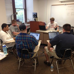 Students in Dr. Black’s seminar learning collections management software in May 2015.  Image courtesy of Ron Faraday, Greater Pittston Historical Society. 
