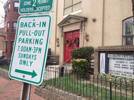 Sunday parking sign, Galbraith A.M.E. Zion Church, Sixth Street NW, Washington, D.C. Photo by the author.