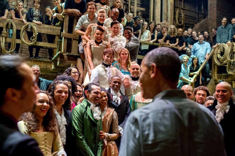 President Obama greets the cast and crew of "Hamilton" after seeing the musical with his daughters, July 2105. Credit: Executive Office of the President of the United States.
