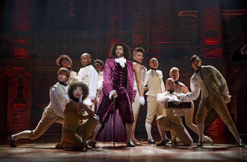 Daveed Diggs as Thomas Jefferson and the ensemble of Hamilton. Photo by Joan Marcus.