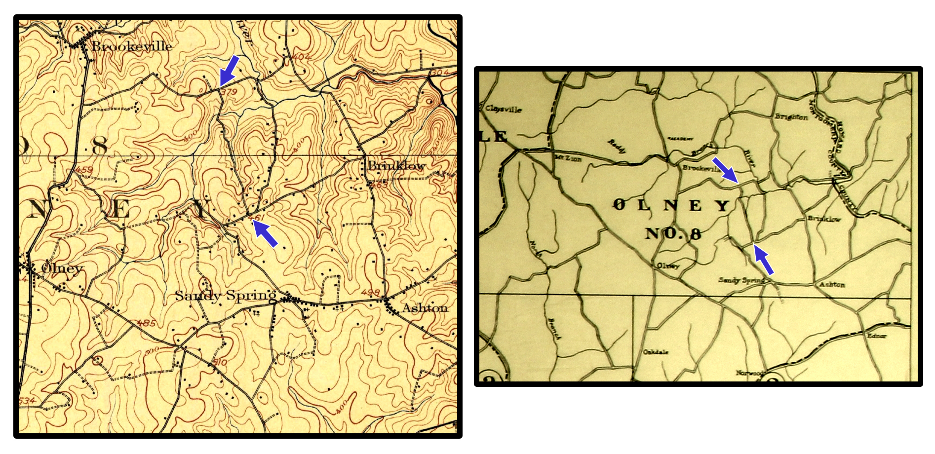 Historic maps illustrating the Farm Road corridor (blue arrows mark termini). The map on the left is from the 1908 U.S.G.S. Rockville quadrangle and the map on the right is from the 1916 Real Estate Atlas of the Part of Montgomery County Adjacent to the District of Columbia. Image credit: Public domain.