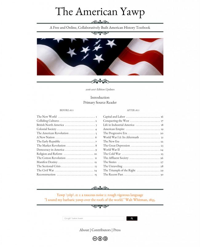American Yawp home page. Screenshot courtesy Joseph Locke
