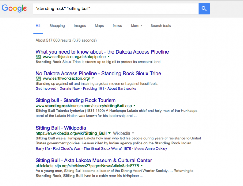 An Oct, 22,2016 Google search turned up few sources that show the links between today’s Standing Rock actions and the history of Sitting Bull’s life and death. Screenshot by the author