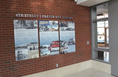 One of the permanent transit station displays Alicia Barber developed for the Regional Transportation Commission’s 4th Street-Prater Way History Project, which also included oral histories, architectural research, and designs for eight historically themed bus shelters. Photo by Alicia Barber.