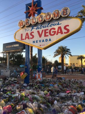 The Las Vegas sign adorned with flowers on October 9, 2017, a week after the shooting