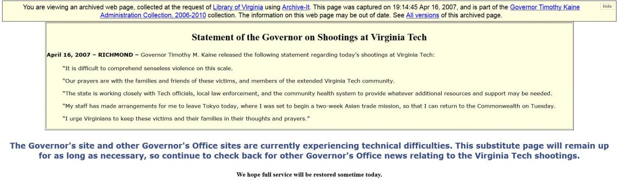 Screenshot of Governor Kaine's website, April 16, 2007.