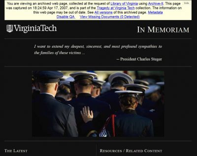 Screenshot from Virginia Tech website, April 17, 2007.