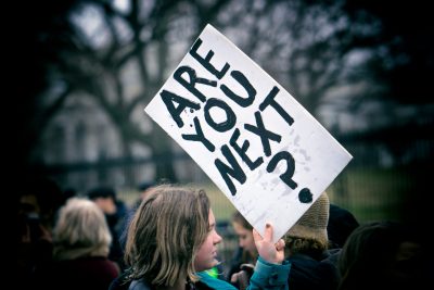 Are You Next sign at student lie-in at the White House to protest gun laws following the school shooting at Marjory Stoneman Douglas High School in Parkland Florida, Feb. 2018. Photo by Lorie Shaull.