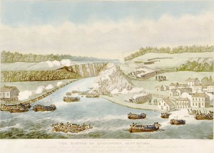 The Battle of Queenston Heights, drawing c. 1866 by James B. Dennis.  Source:  Library and Archives Canada.