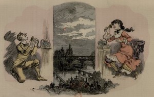 "Moralité, tranquillité, félicité. - La cour téléphonique"  from Albert Robida's "Le vingtième siècle" (1883).