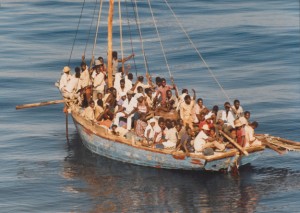 Haitians at sea in 1981, photo credit U.S. Coast Guard, Hiatorian's Office, Washington, DC from Caribbean Sea Migration Collection, David M. Rubenstein Rare Book & Manuscript Library, Duke University.