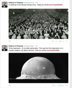 Two HistoryinPics tweets from Feb. 14, 2014 put whimsy and horror side by side.  Screen shot by History@Work editors.