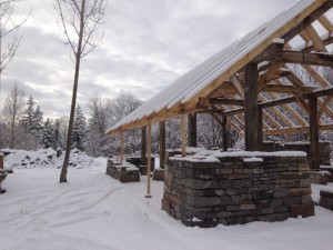 Construction in progress of a new timber frame and dry stone structure, built on site by Willowbank students and professional dry stone wallers. Photo credit: Juliana Glassco