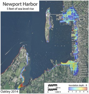 Map showing the impact of projected sea level rise on Newport. Based on 2011 U.S. Geological Survey data. (Bryan Oakley/Environmental Earth Science Department, Eastern Connecticut State University)