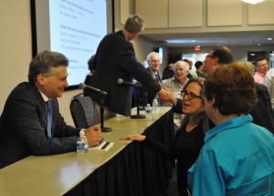 Dr. Matthew Bernstein talks with attendees following “The Leo Frank Case: 100 Years in the Media” panel and dialogue on September 21, 2015. Courtesy of the Museum of History and Holocaust Education.