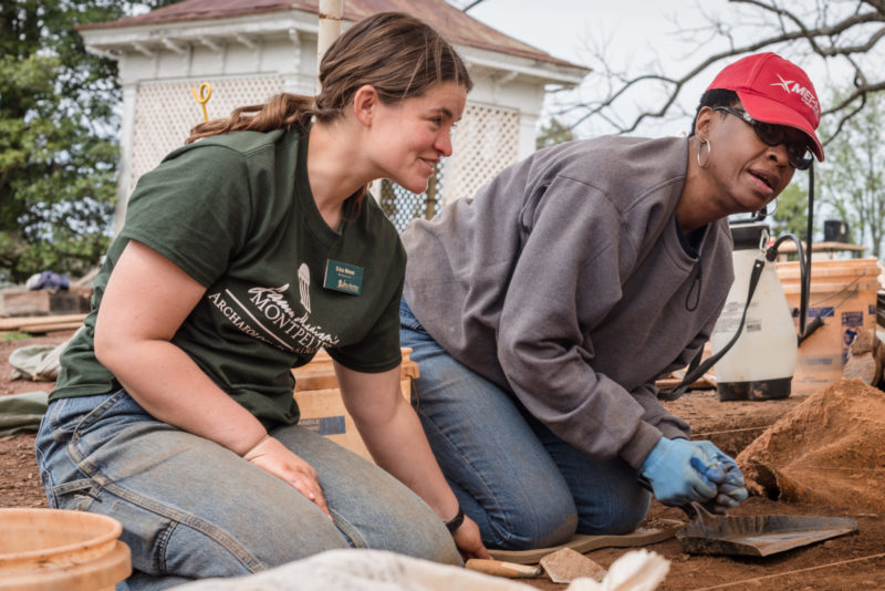 James Madison's Montpelier Staff (left) and Descendant (right) working on an archaeological project together (Photo by Eduardo Montes Bradley, Courtesy James Madison's Montpelier)
