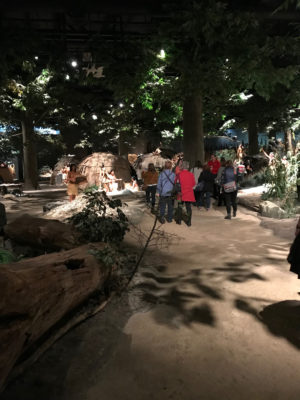 The photograph depicts NCPH members touring he recreated village setting at the Mashantucket Pequot Museum & Research Center in Ledyard, CT. You can see about half a dozen individuals looking at the exhibit and listing to tour guides.