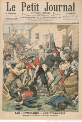 Image of a newspaper with text in French. The large cover image depicts white men attacking black men with the caption, in French, "Les Lynchages aux etas-unis"