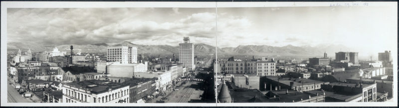 This is a black and white panoramic photograph of Salt Lake City.