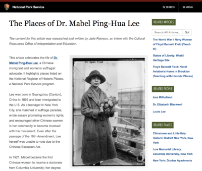 This is a color screenshot of a National Park Service web site featuring an article by Jade Ryerson called "The Places of Dr. Mabel Ping-Hua Lee."
