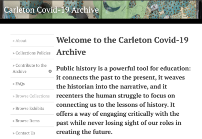 This is a color screenshot of the Carleton Covid-19 Archive. The top banner includes artwork depicting the coronavirus.