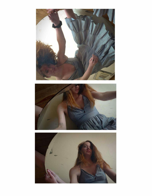 This is a color photo montage of a woman in a blue dress posing in front of a mirror in different ways.