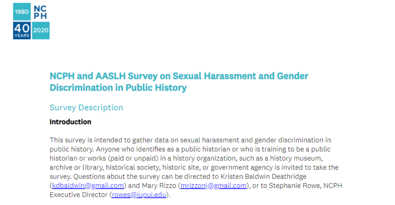 This is a screen shot of the introduction to the "NCPH and AASLH Survey on Sexual Harassment and Gender Discrimination in Public History." The background is white. The text is black. The 1980/2020 NCPH 40th turquoise and navy anniversary logo is in the upper-lefthand corner.