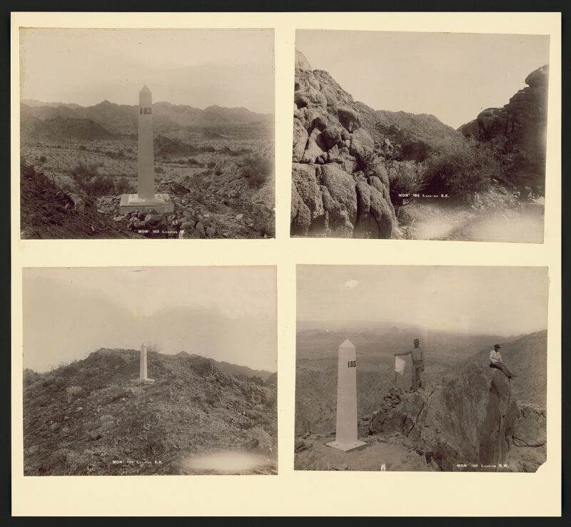 This is a sepia-toned digital reproduction of four photographs of oblisk-shaped border markers in the western landscape. The the photo of the border marker at the bottom includes two men and a white flag.