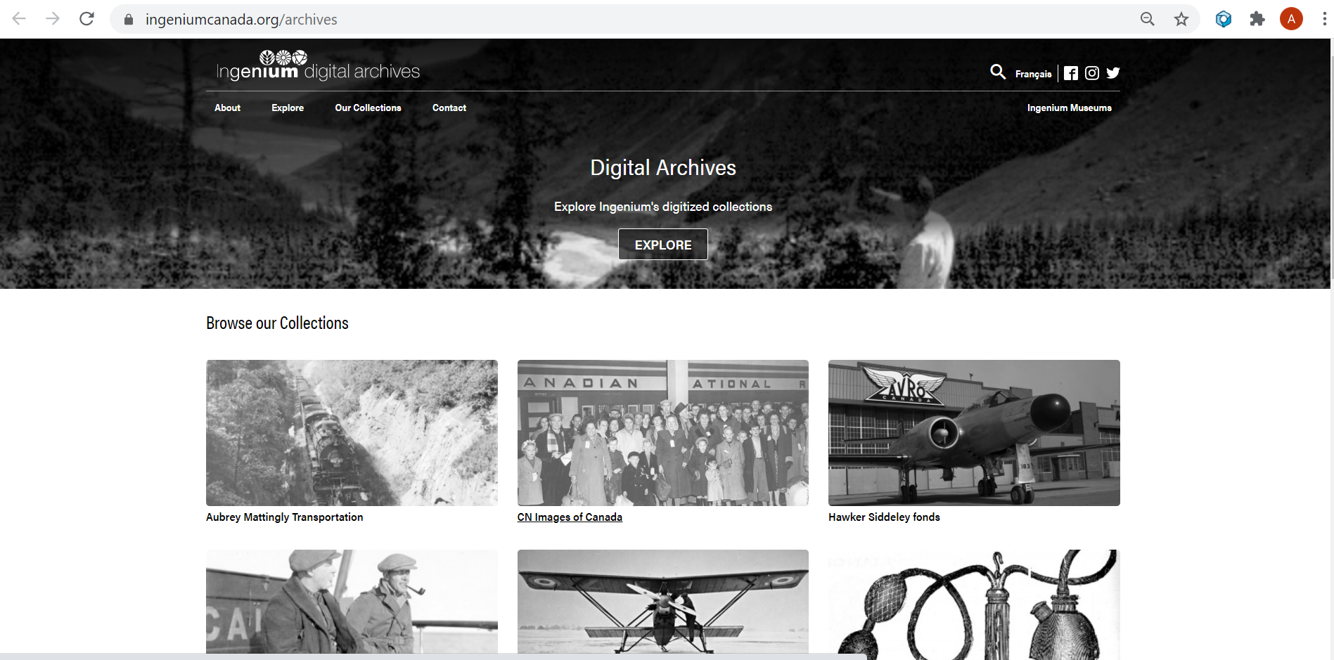 Image is a screen shot of Ingenium’s Digital Archives portal. Underneath the banner with links to other corporate websites there is the portal title, Digital Archives, a button marked ‘Explore’, and a series of black and white photographs representing different collections.