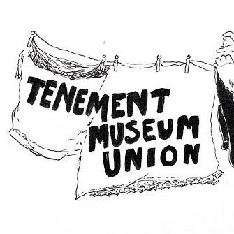 This is a black and white line drawing of a stylized person holding up white sheets attached to a clothesline with clothes pins. The sheets read "TENEMENT/MUSEUM/UNION" in large, black lettering in all caps. Design by designed by Faith Bennett.