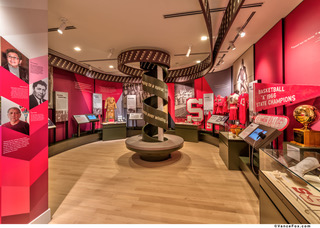 Color photograph of museum galleries featuring red walls and cases of artifacts.