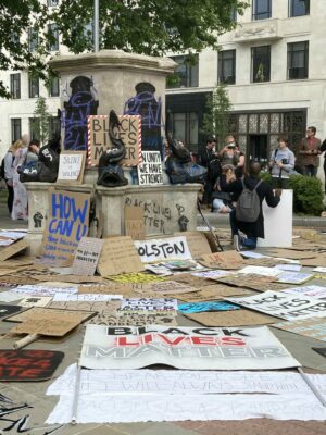 Edward Colton Statue Pedestal in Bristol Covered with Black Lives Matter Signs