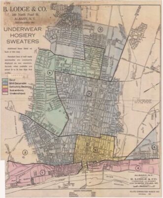 Image of a Draft Residential Security Map from 1936 for Albany, New York. Courtesy of the National Archives, College Park, MD.