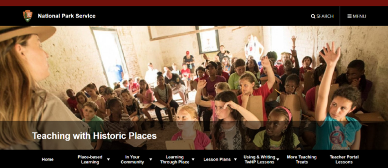 A website landing page with a photograph of a park ranger facing elementary-age children and the caption “Teaching with Historic Places” imposed on top.