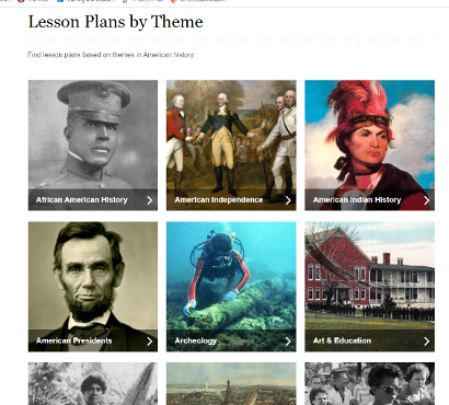 A website titled “Lesson Plans by Theme” showing a grid of photographs with a Photograph of Colonel Charles Young, Painting with George Washington in the Center, Painting of Joseph Brant, Colorized photograph of Abraham Lincoln, Photograph of a scuba diver, Photograph of the exterior of a building at the Carlisle Indian school with students lined up outside.