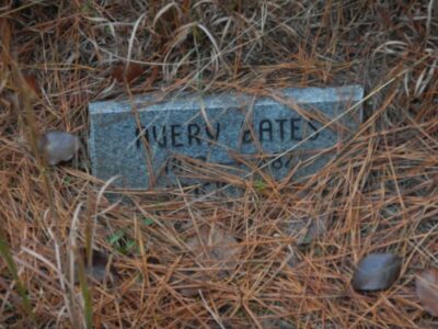Granite grave marker with the words Avery Bates and 1857-1887 engraved on it, partially obscured by pine straw.