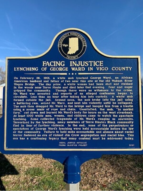 Straight on photo of the marker commemorating the lynching of George Ward