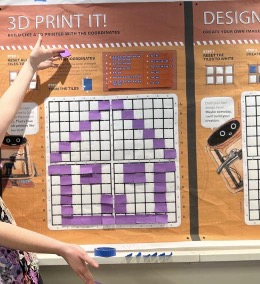 A prototype of an interactive game printed on orange paper and taped to a wall. The prototype shows a Cartesian grid surrounded by instructional text and illustrations of a robot. A person standing off to the side is showing off the image of a house they created on the grid using sticky notes