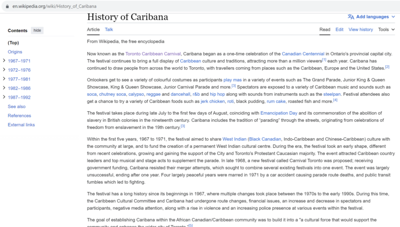 Wikipedia screenshot with heading: History of Caribana
