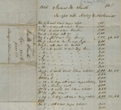 An 1855 ledger containing information about medical care received by enslaved individuals in North Carolina. 